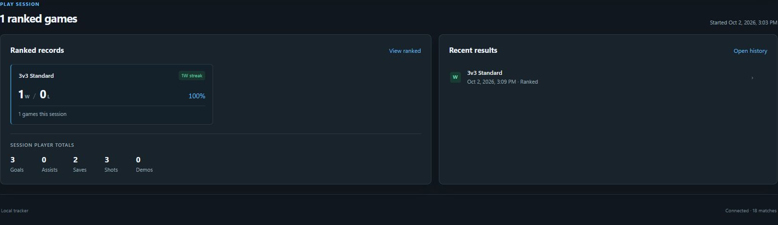 Actual Home session with one ranked Standard win, a one-win streak, player totals, and the recent match.